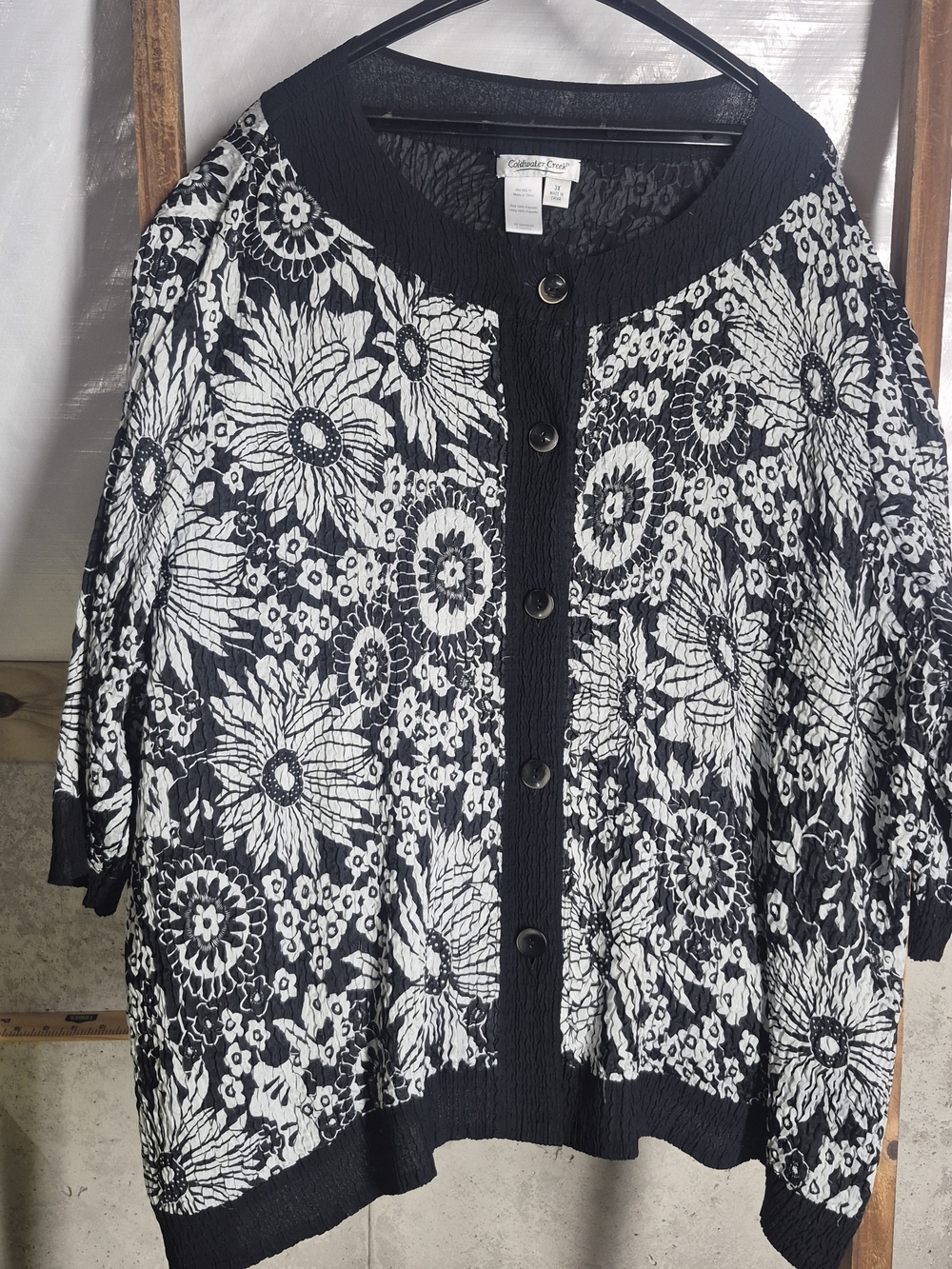 Coldwater Creek Black and White Floral Button-Front Blouse